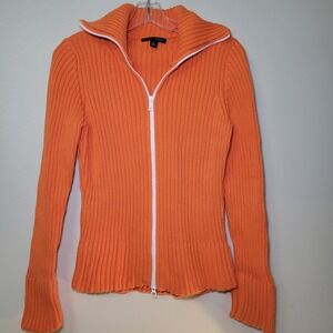 Banana Republic Ribbed Collared Zip Up Woman's Sweater Orange/White Medium